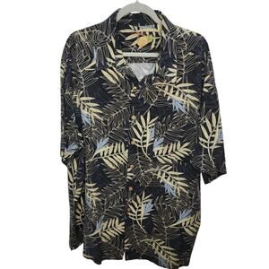 Caribbean Black Floral Tropical Silk Blend Short Sleeve Button Front Men's Shirt